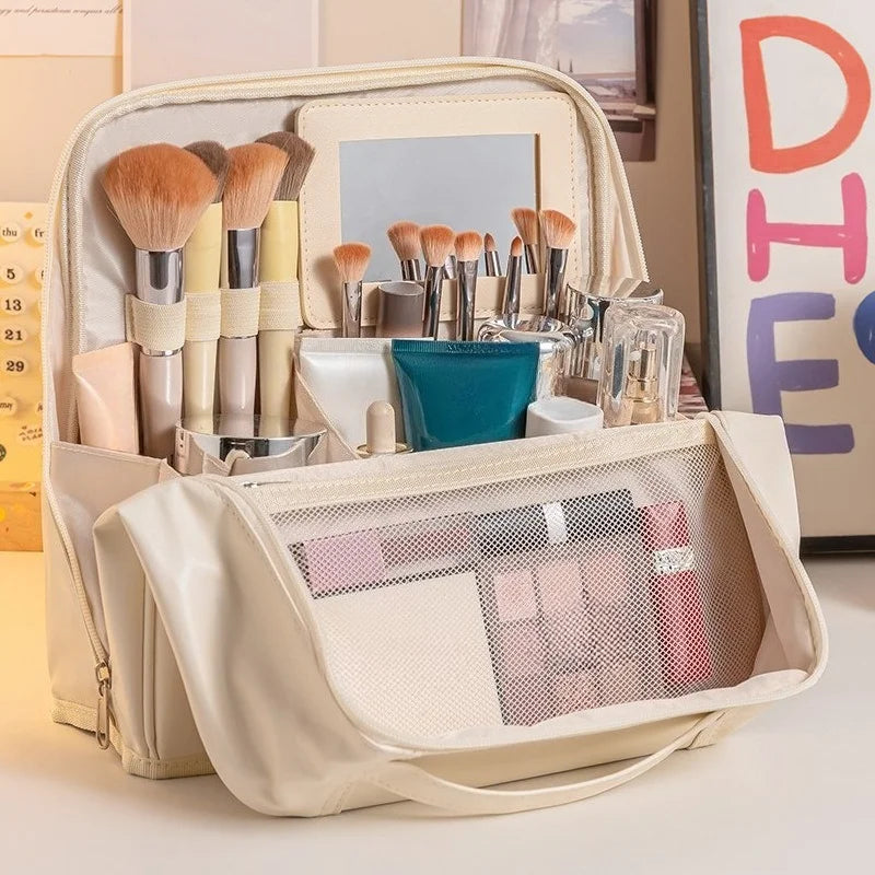 Large Standing Makeup Bag with Mirror, Waterproof Travel Toiletry Organizer, Portable Cosmetic Brush Storage Case for Women