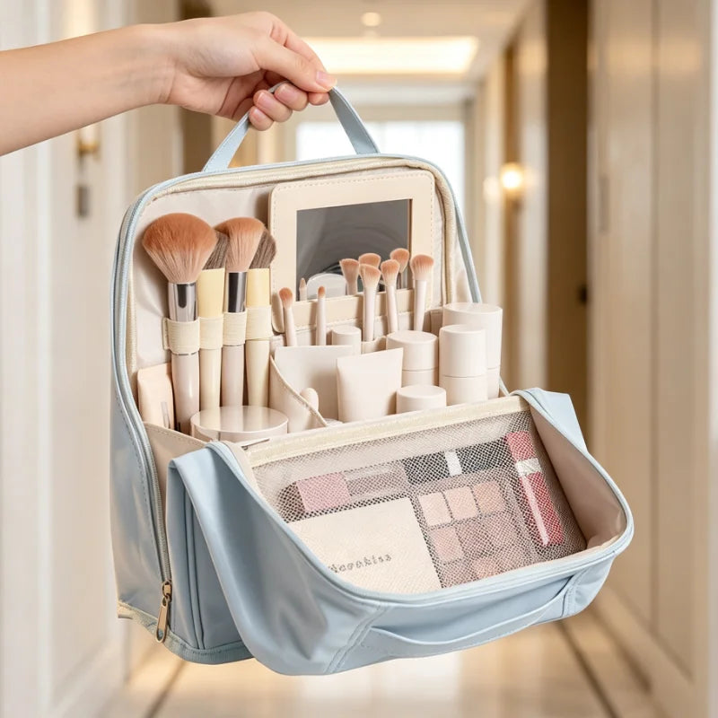 Large Standing Makeup Bag with Mirror, Waterproof Travel Toiletry Organizer, Portable Cosmetic Brush Storage Case for Women