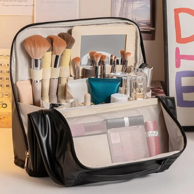 Large Standing Makeup Bag with Mirror, Waterproof Travel Toiletry Organizer, Portable Cosmetic Brush Storage Case for Women
