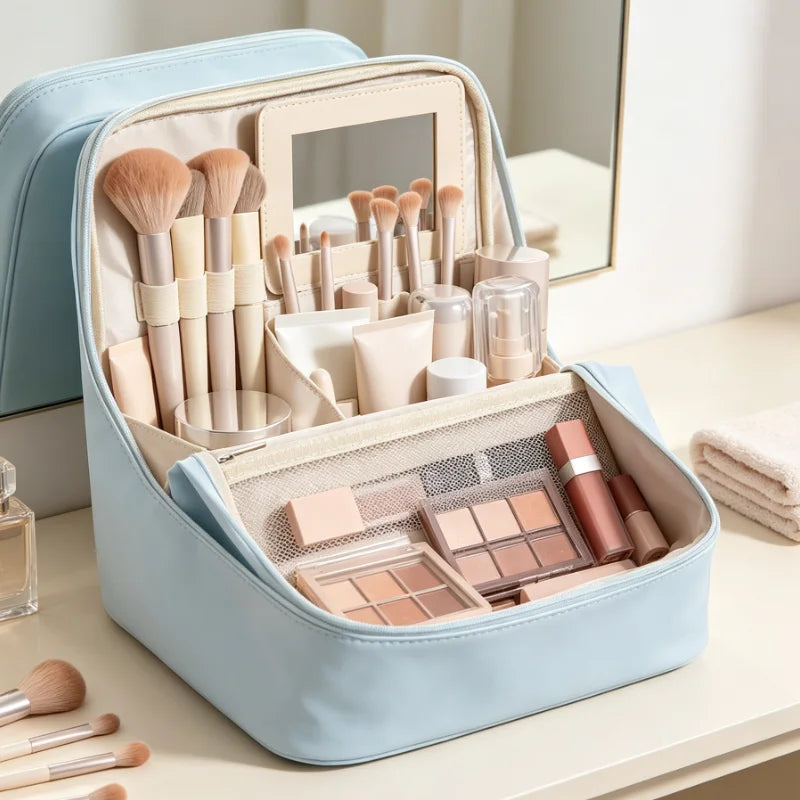 Large Standing Makeup Bag with Mirror, Waterproof Travel Toiletry Organizer, Portable Cosmetic Brush Storage Case for Women