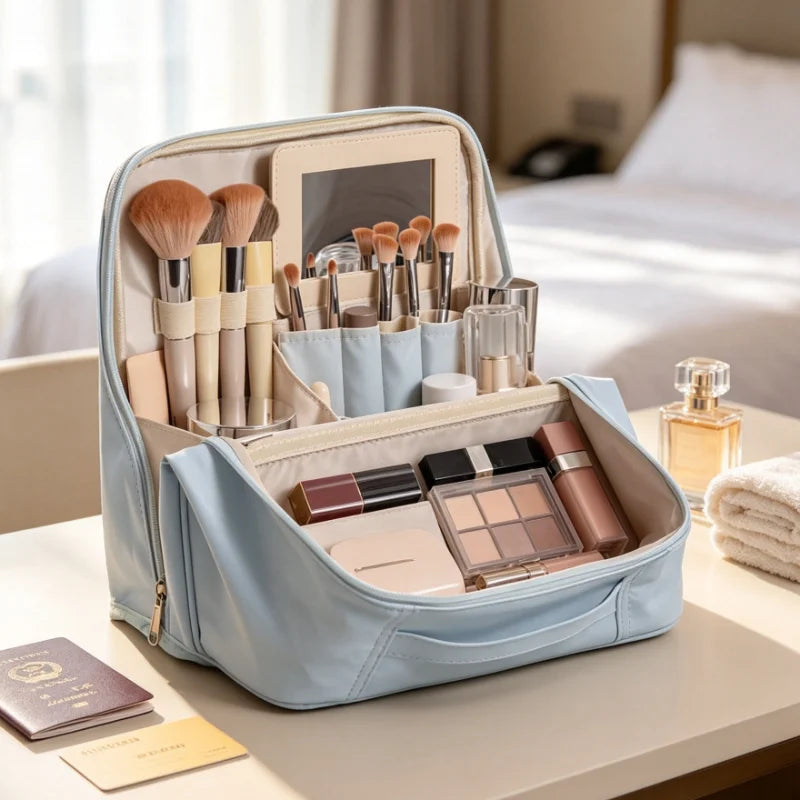Large Standing Makeup Bag with Mirror, Waterproof Travel Toiletry Organizer, Portable Cosmetic Brush Storage Case for Women