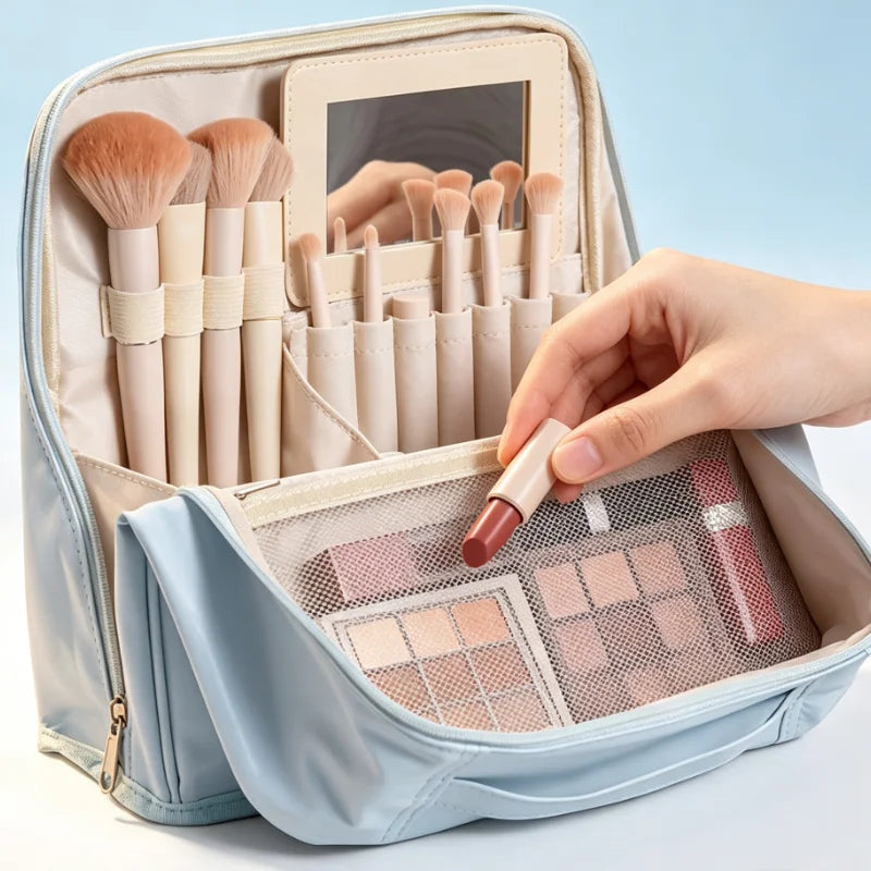 Large Standing Makeup Bag with Mirror, Waterproof Travel Toiletry Organizer, Portable Cosmetic Brush Storage Case for Women
