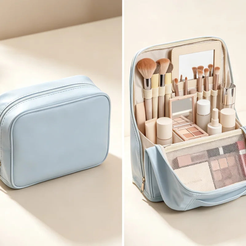 Large Standing Makeup Bag with Mirror, Waterproof Travel Toiletry Organizer, Portable Cosmetic Brush Storage Case for Women