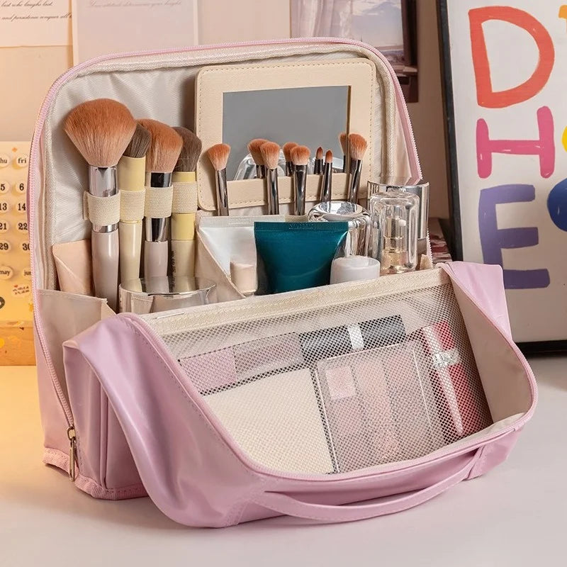 Large Standing Makeup Bag with Mirror, Waterproof Travel Toiletry Organizer, Portable Cosmetic Brush Storage Case for Women