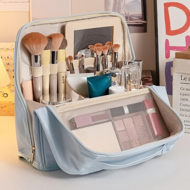 Large Standing Makeup Bag with Mirror, Waterproof Travel Toiletry Organizer, Portable Cosmetic Brush Storage Case for Women