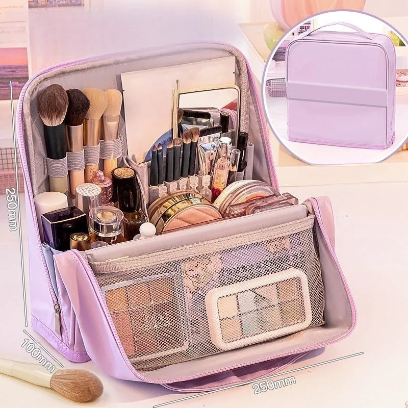 Large Standing Makeup Bag with Mirror, Waterproof Travel Toiletry Organizer, Portable Cosmetic Brush Storage Case for Women