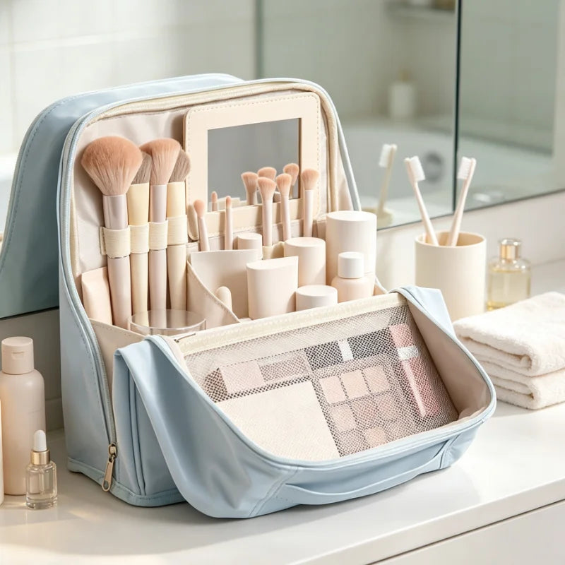 Large Standing Makeup Bag with Mirror, Waterproof Travel Toiletry Organizer, Portable Cosmetic Brush Storage Case for Women